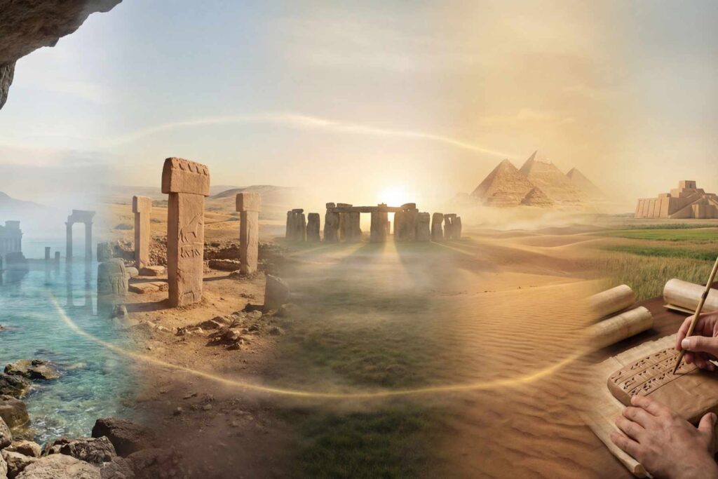 Montage de civilisations anciennes avec mégalithes, Stonehenge, pyramides d’Égypte et écriture cunéiforme