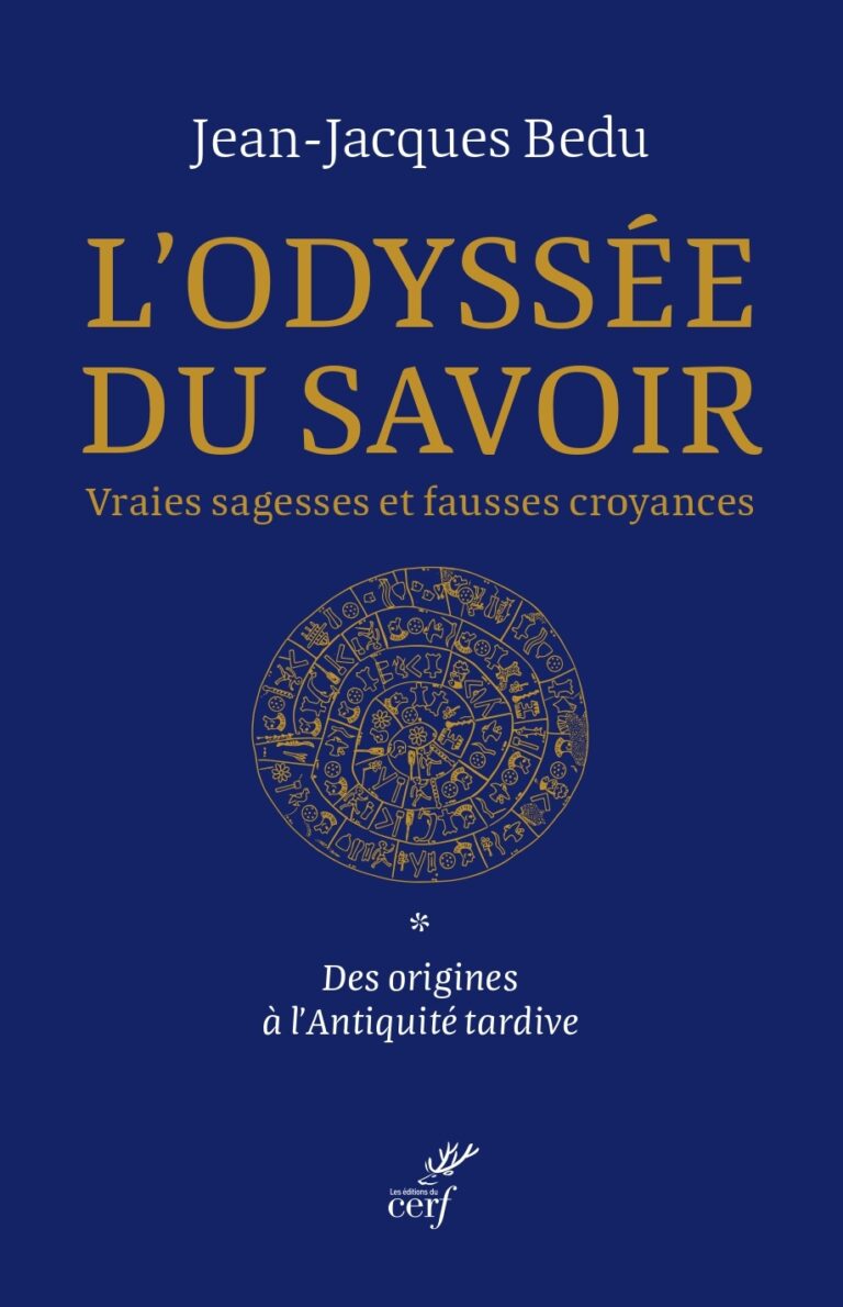Couverture du livre L’Odyssée du savoir de Jean-Jacques Bedu sur fond bleu avec typographie dorée et symbole antique central