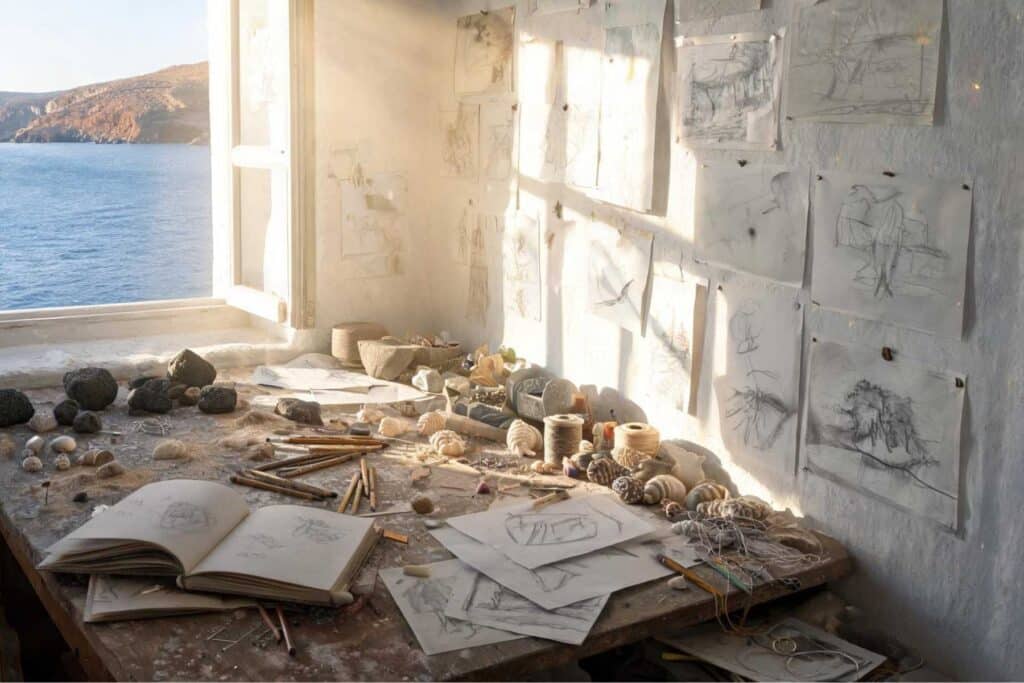 T Atelier d’artiste face à la mer Égée pour illustrer Plage arrière