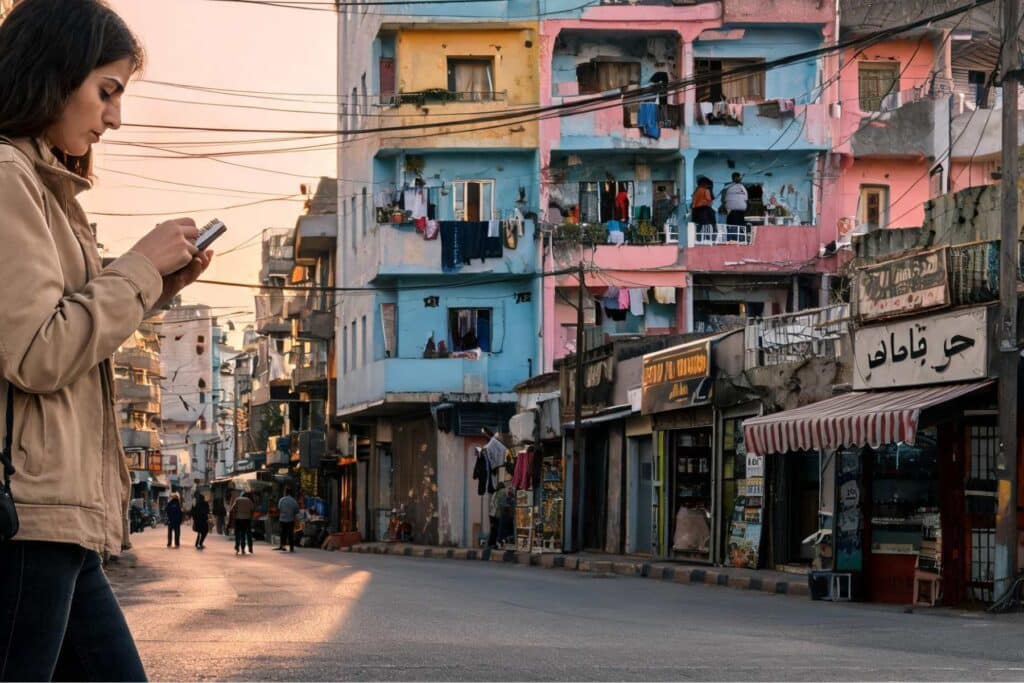 Femme marchant dans les rues de Bourj Hammoud à Beyrouth au crépuscule, carnet à la main, devant des façades colorées et des câbles électriques.