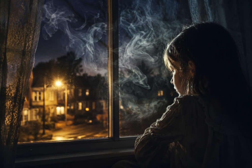 Silhouette d’une enfant à droite de l’image regardant par une fenêtre éclairée la nuit, entourée de volutes de fumée.