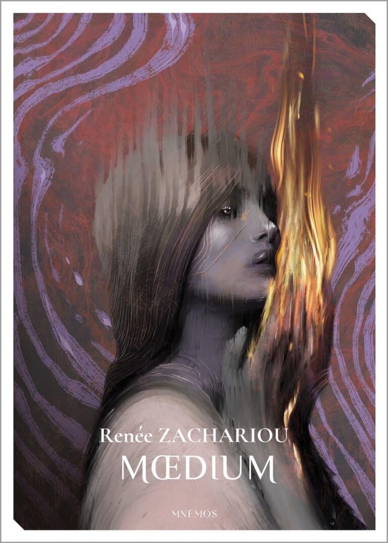 Couverture de Mœdium de Renée Zachariou sur un fond de cuisine ancienne, ambiance fantastique et intimiste.