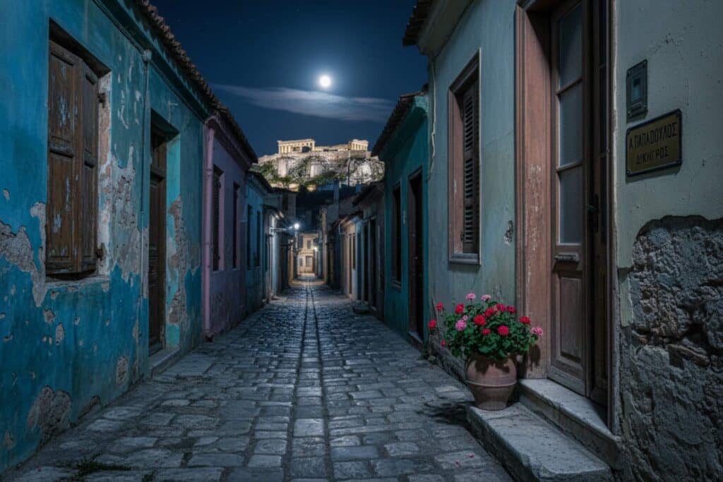Ruelle de Plaka la nuit sous l'Acropole, illustration de La cité violette de Terzakis