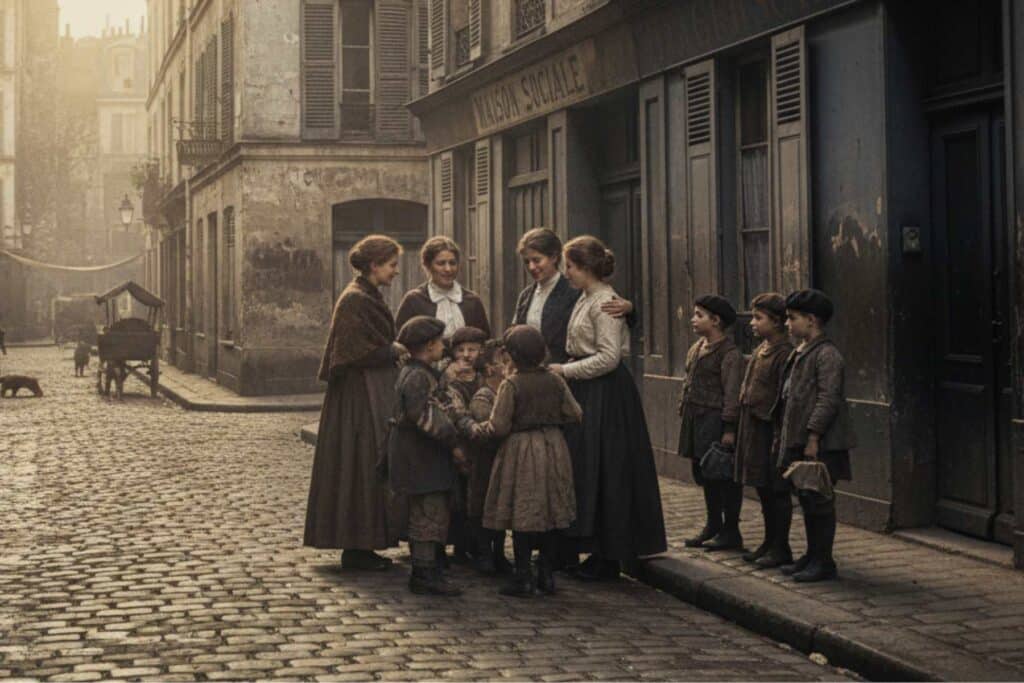 Paris populaire vers 1900 devant une maison sociale accueillant des enfants du quartier