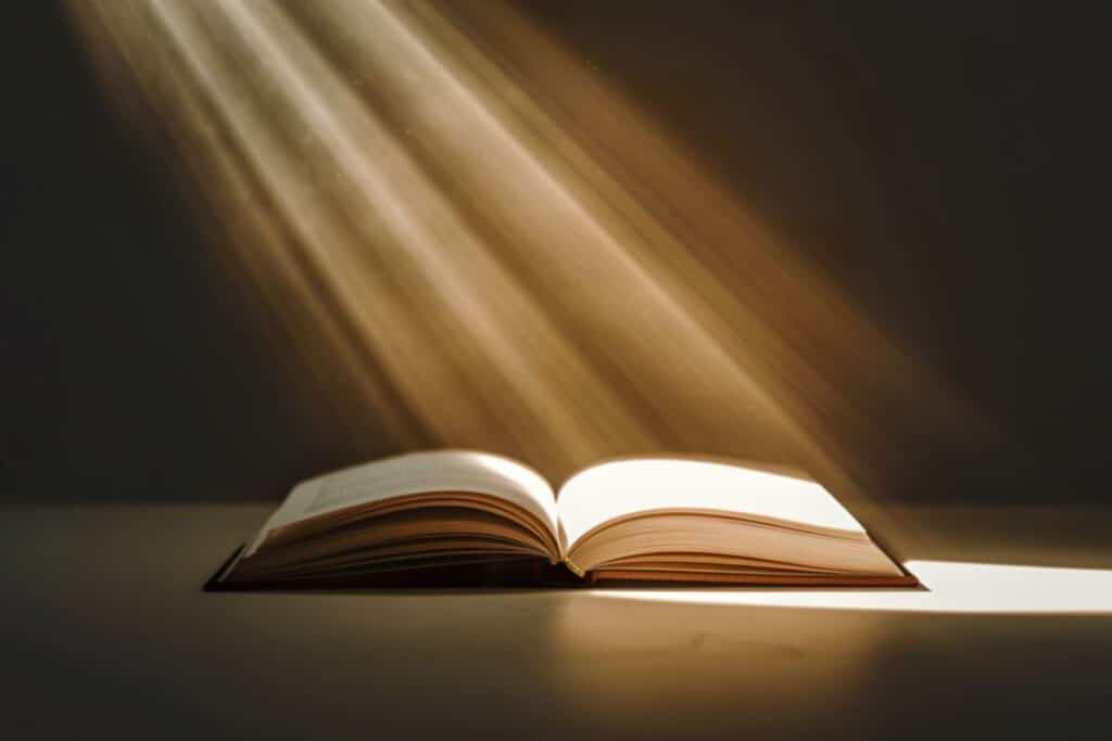 Bible ouverte traversée par un rayon de lumière, illustration de La Bible manuel de subversion