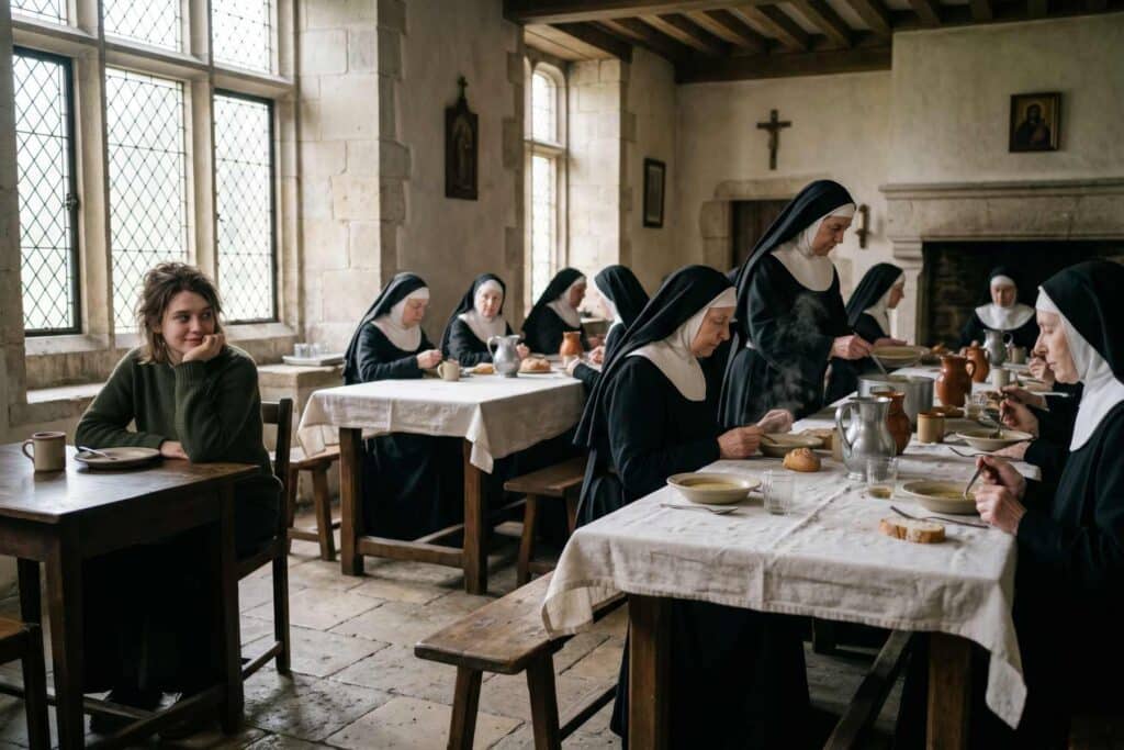 Jeune femme observant à gauche un réfectoire de couvent silencieux avec religieuses