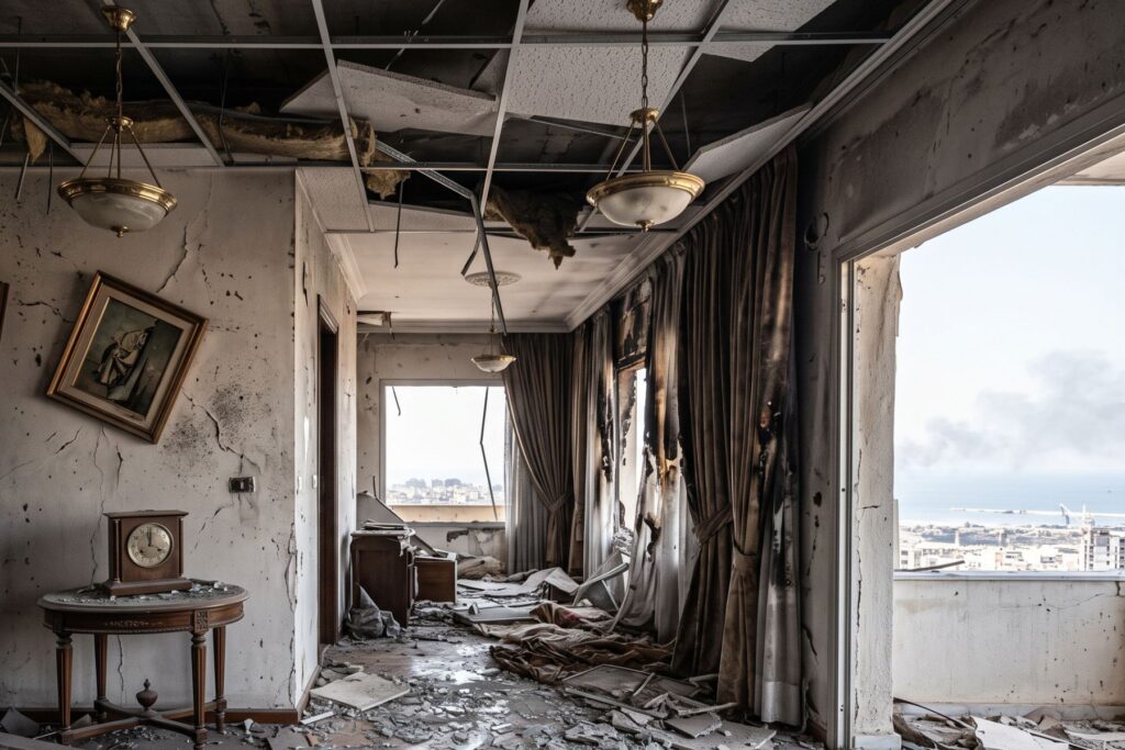 Intérieur d'un appartement beyrouthin éventré par une explosion, pendule arrêtée et vue sur le port