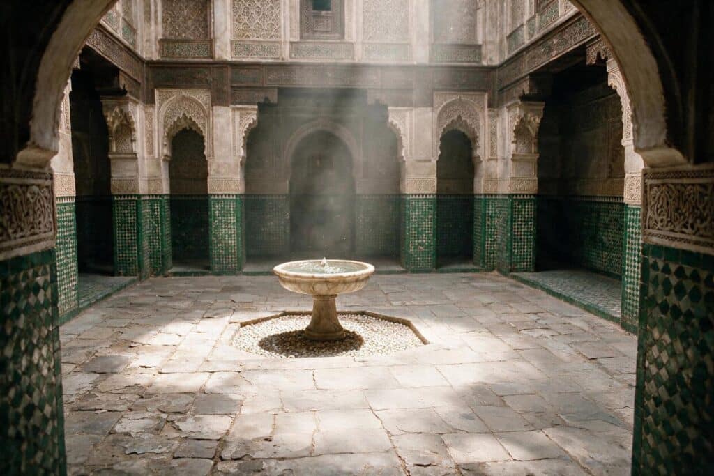Cour intérieure d'une médersa marocaine avec fontaine et livres anciens, illustration du recueil Nokta de Mahi Binebine (