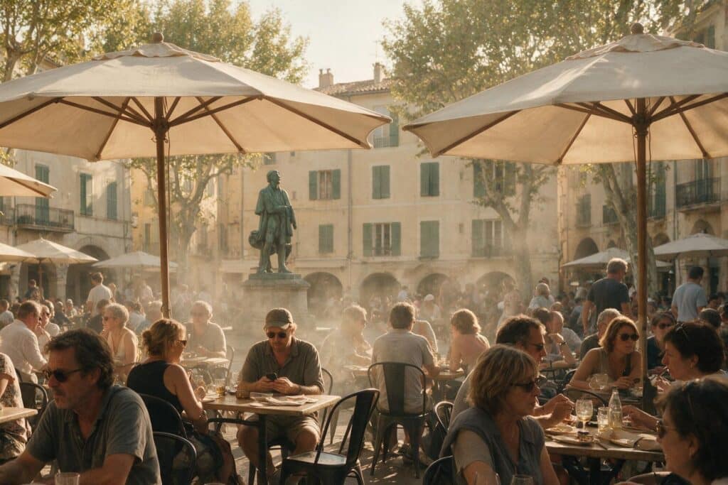 Terrasse de café bondée sur une place d'Arles en fin d'été, un homme seul consultant son téléphone au milieu des convives