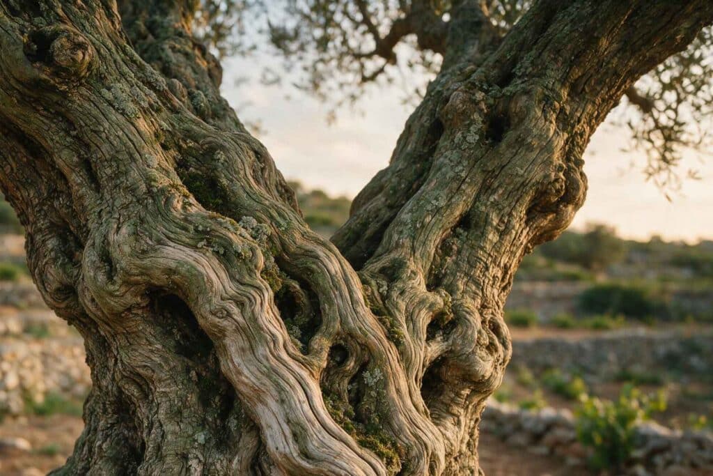 Tronc d'olivier centenaire aux branches entrelacées, image symbolique de La paix est notre avenir