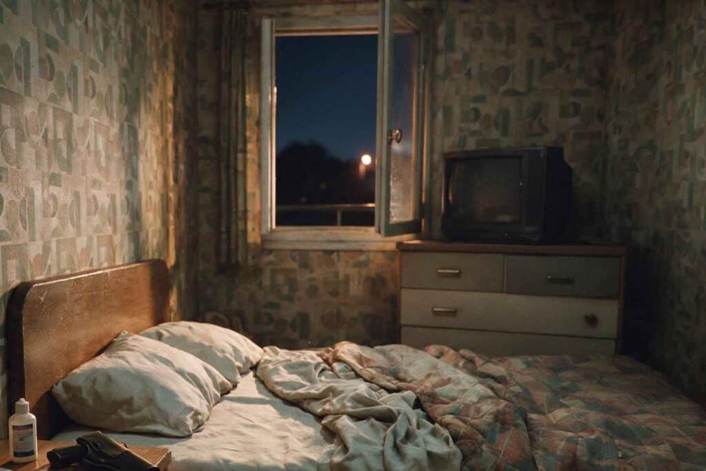 Chambre nocturne, étui à arme et pansements sur la table de chevet, décor du roman Le fugitif, le flic et Bill Ballantine