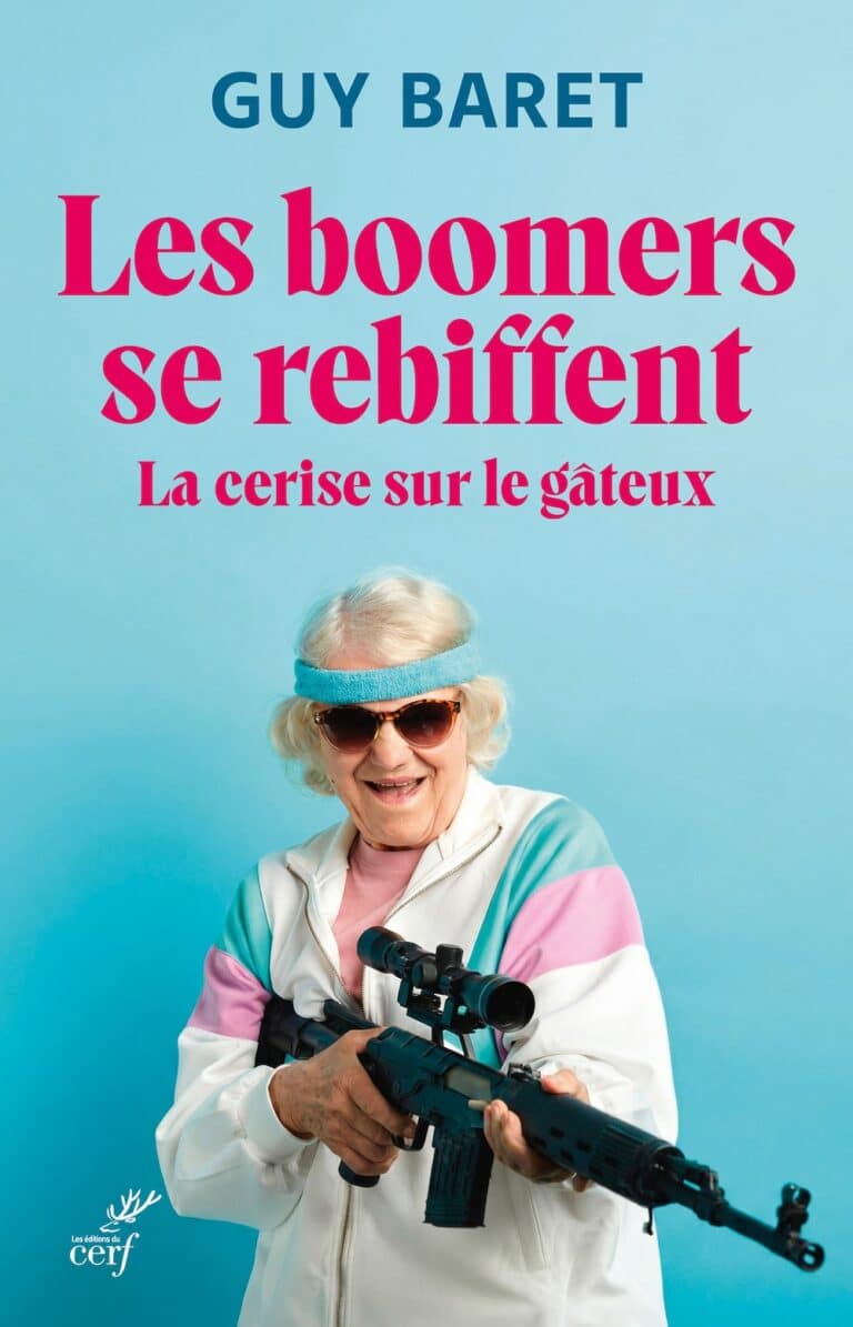 Les boomers se rebiffent, de Guy Baret : couverture, grand-mère en survêtement tenant un fusil à lunette (éditions du Cerf)