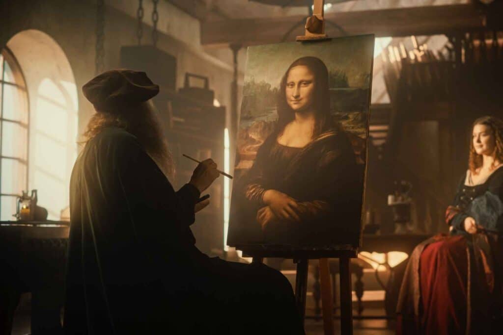 Léonard de Vinci peignant La Joconde dans son atelier