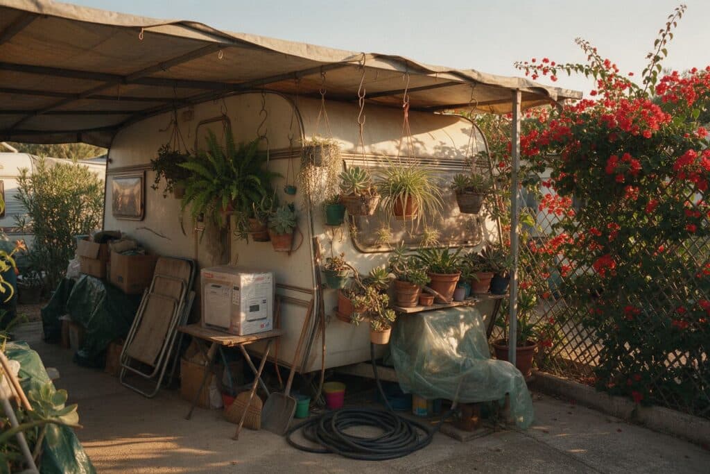 Caravane et auvent envahis de plantes dans un camping espagnol, image d'illustration de Camping