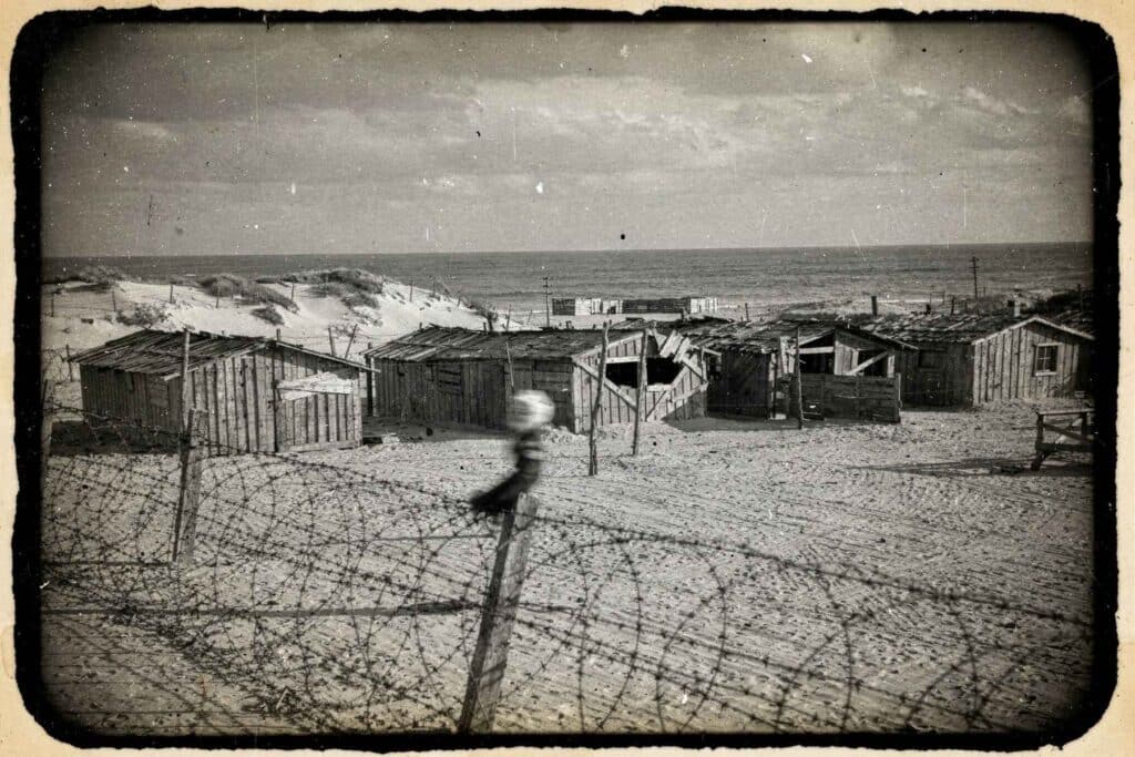 Illustration générée par IA d'un camp d'internement improvisé sur une plage du sud de la France à la fin des années 1930, baraquements en bois et barbelés