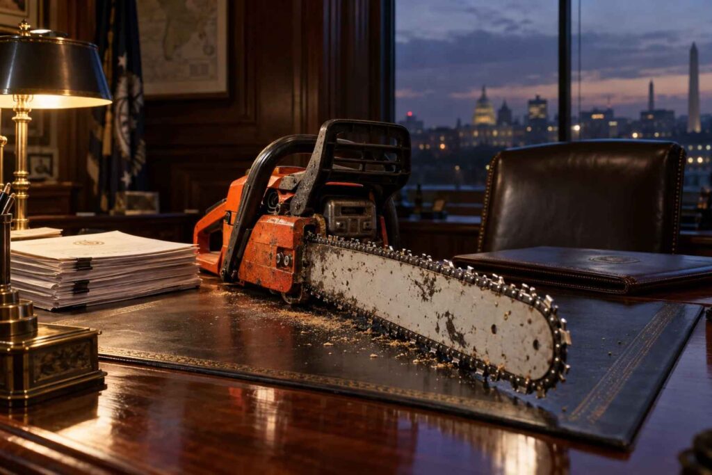 Illustration générée par IA d'une tronçonneuse orange posée sur un bureau en acajou, face à une vue nocturne de Washington