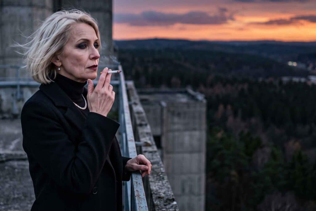 Femme blonde fumant sur un toit au coucher du soleil, évocation de Virginia dans le roman de Thomas Binggeli