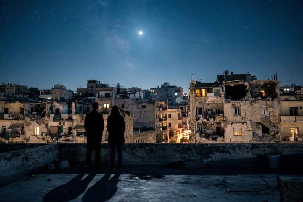 Deux silhouettes contemplent un ciel étoilé au-dessus d’une ville marquée par les destructions