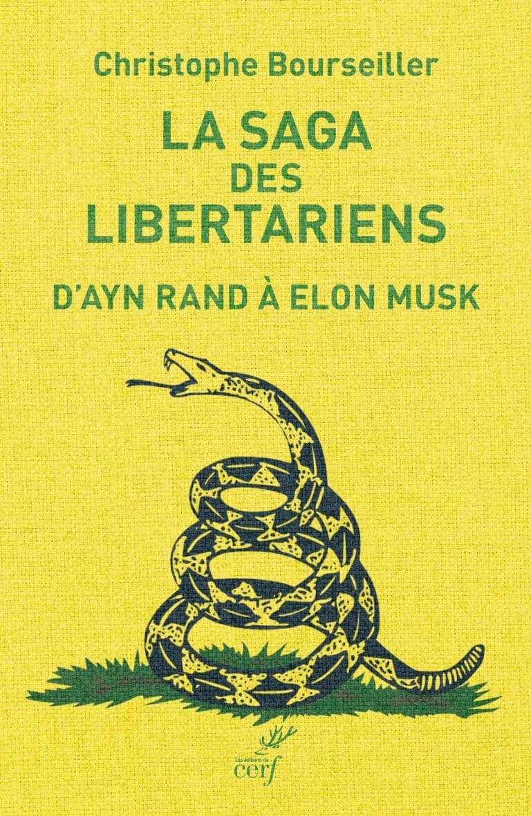 Couverture du livre La saga des libertariens de Christophe Bourseiller, Éditions du Cerf, avec un serpent à sonnette enroulé sur fond jaune