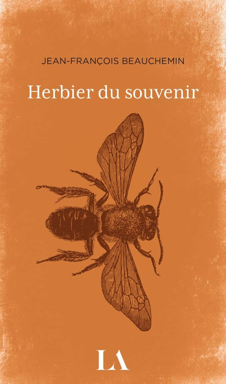Couverture du livre Herbier du souvenir de Jean-François Beauchemin, gravure ancienne d'une abeille brune sur fond orange